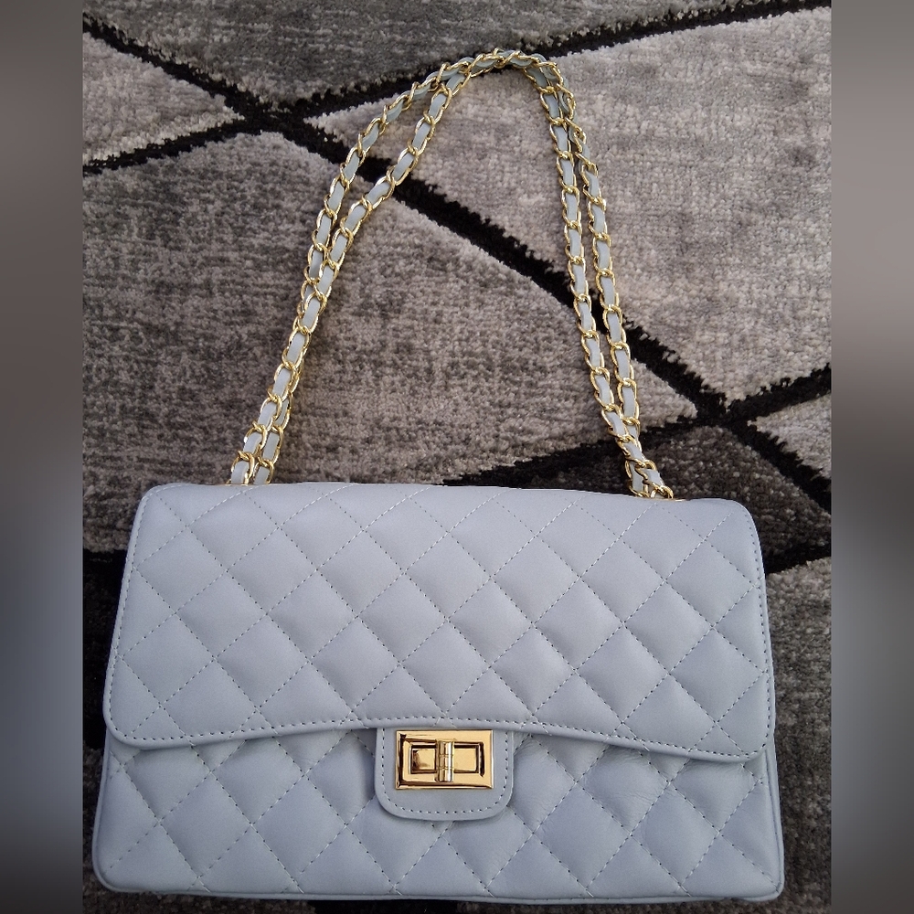 Quilted Light Blue Chain Shoulder Bag - Picture 11 of 16